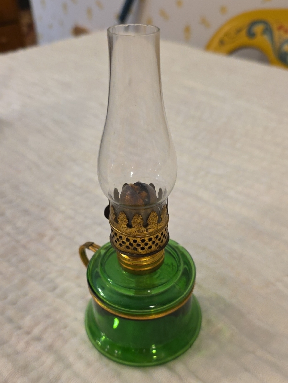 Antique white nutmeg oil lamp with hurricane